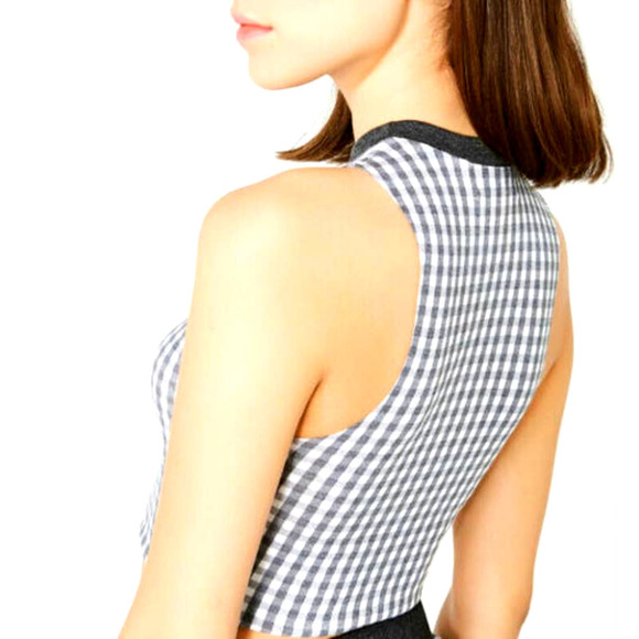 Wildfox Gray White Gingham Cropped Fountain Top Slim Fit Sleeveless Tank NWT - Picture 4 of 8